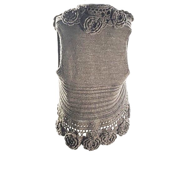 Roz & Ali VTG Wool Blend Crochet Tan Rosette Tie Snap Over Shrug Vest Size 14/16 - Picture 4 of 7